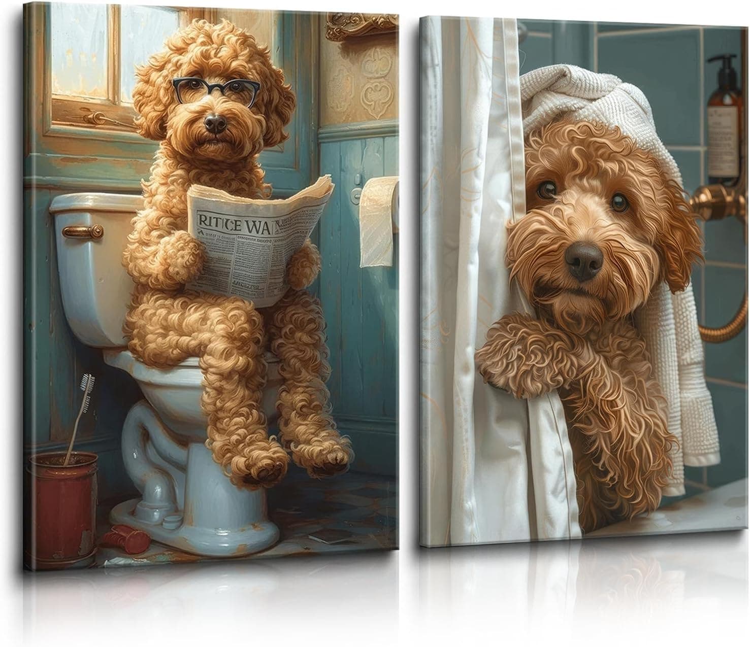 Curly-haired dog reading a newspaper and relaxing after a bath